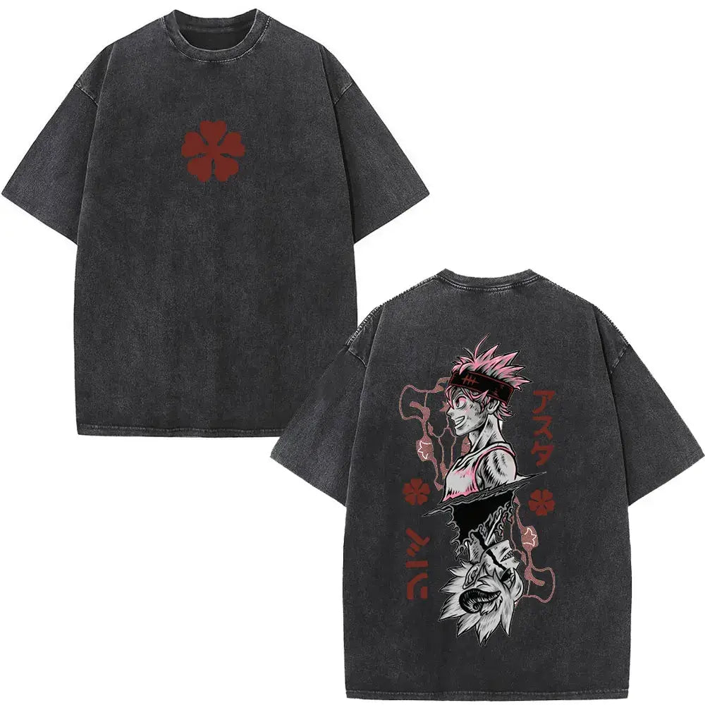 Black clover yami sukehiro black distressed cotton t-shirt with red four-leaf clover front and anime pink hair back design