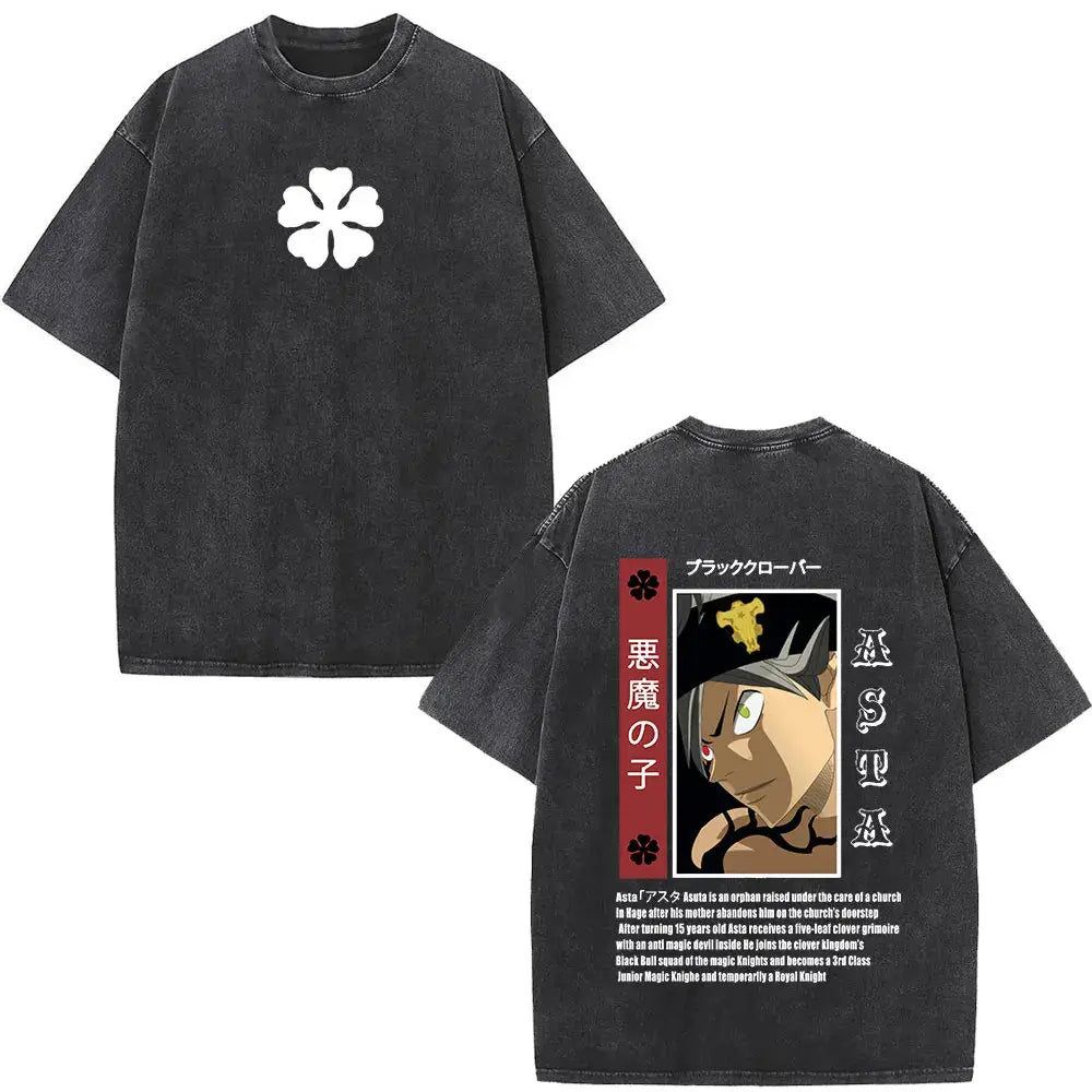 Black clover yami sukehiro black oversized t-shirt with white four-leaf clover front and anime character back vertical text