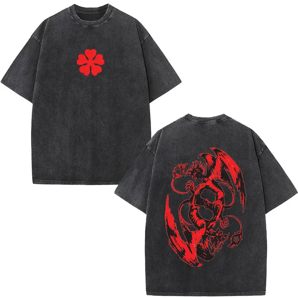 Black oversized t-shirt with bold red four-leaf clover front and intricate red dragon back inspired by black clover yami sukehiro
