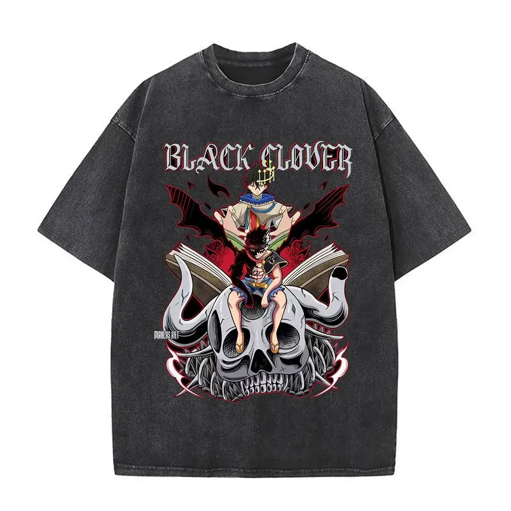 Black clover yami sukehiro black distressed cotton t-shirt with detailed double-sided graphic of characters on book and skull
