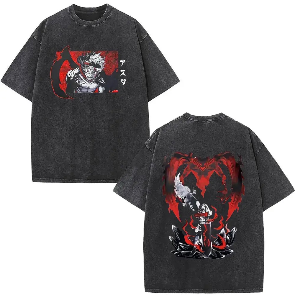 Black clover yami sukehiro black distressed cotton t-shirt with bold red and white anime graphics front and back