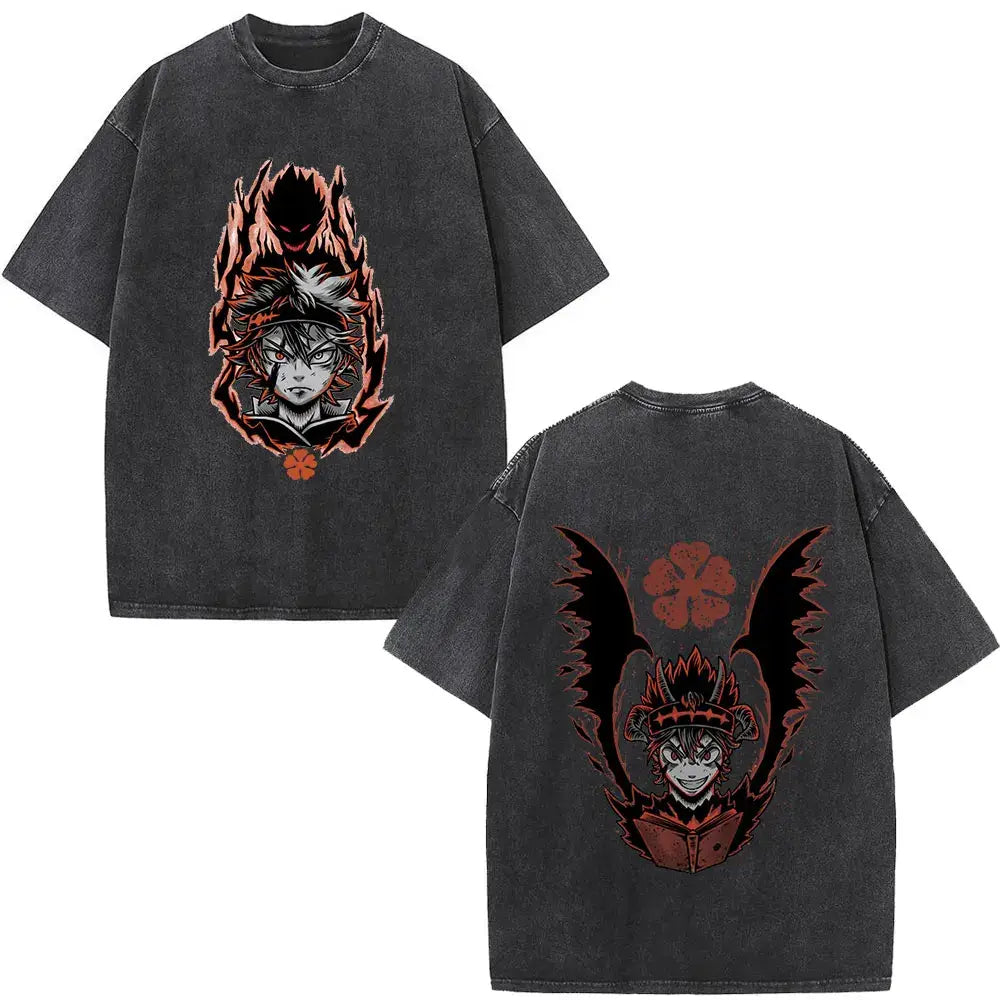 Black clover yami sukehiro black distressed cotton t-shirt with red and orange anime graphics front and back double-sided print
