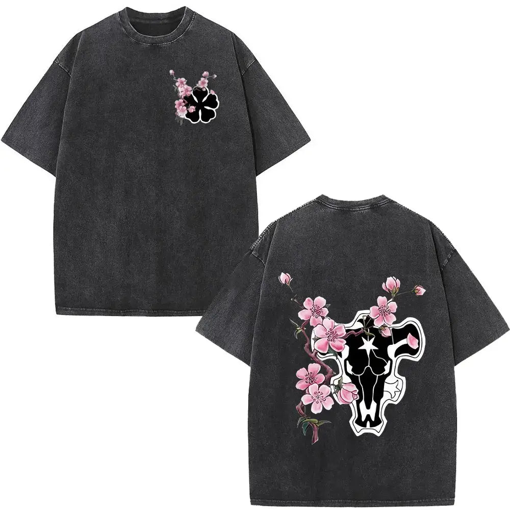 Black clover yami sukehiro black distressed cotton t-shirt with pink cherry blossom and skull double-sided print