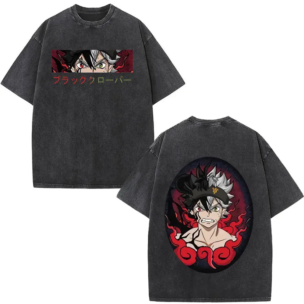 Black distressed cotton t-shirt with black clover yami sukehiro anime character and red black flame design on back side