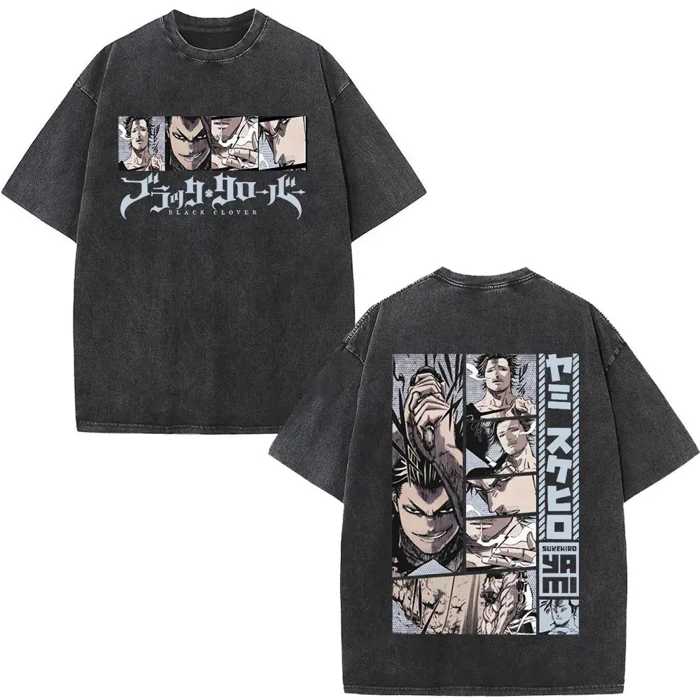 Black distressed cotton t-shirt featuring double-sided print of yami sukehiro from black clover and jojo’s bizarre adventure