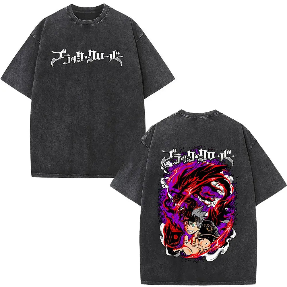 Black distressed cotton t-shirt featuring vibrant yami sukehiro anime graphic and white gothic lettering on back black clover yami