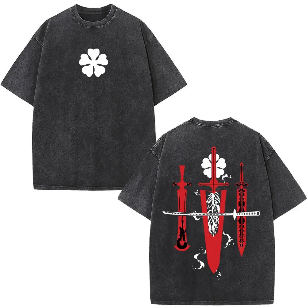 Black clover yami sukehiro black oversized t-shirt with white four-leaf clover front and red sword feather back design
