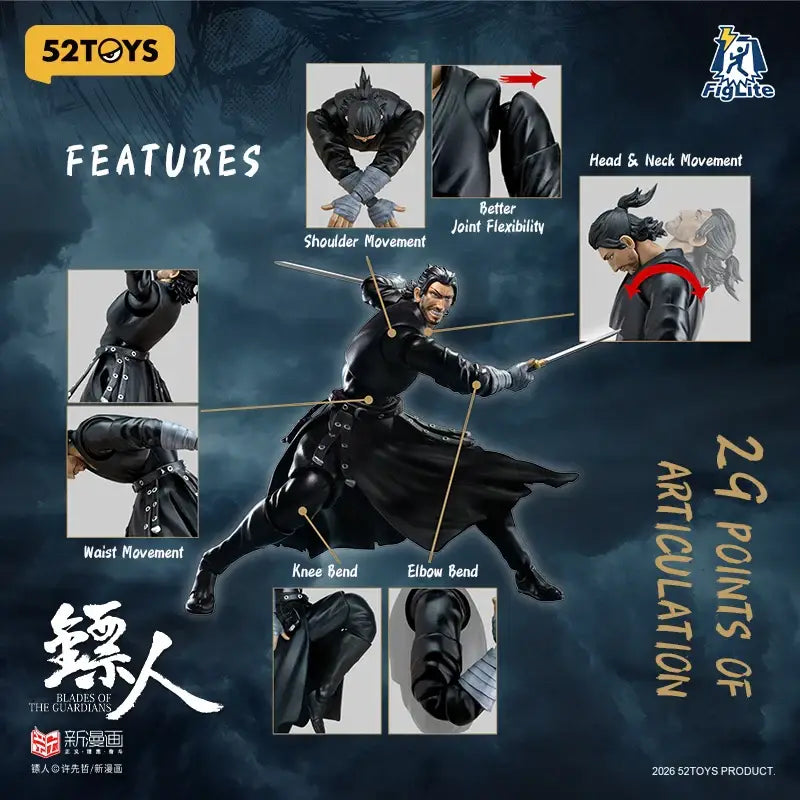 Black articulated daoma action figure wielding sword in dynamic pose with detailed sculpting and painted facial features