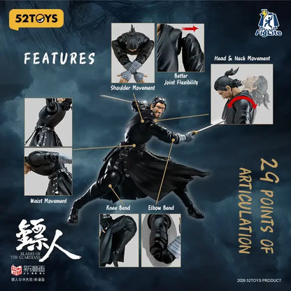 Black articulated daoma action figure wielding sword in dynamic pose with detailed sculpting and painted facial features