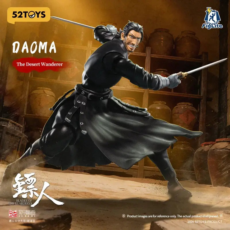 Black painted daoma action figure from blades of the guardians posed dynamically with two swords in detailed stance
