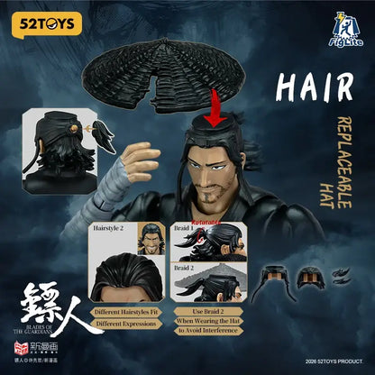 Black replaceable hat with braided hair design for 52toys figlite blades of the guardian daoma action figure