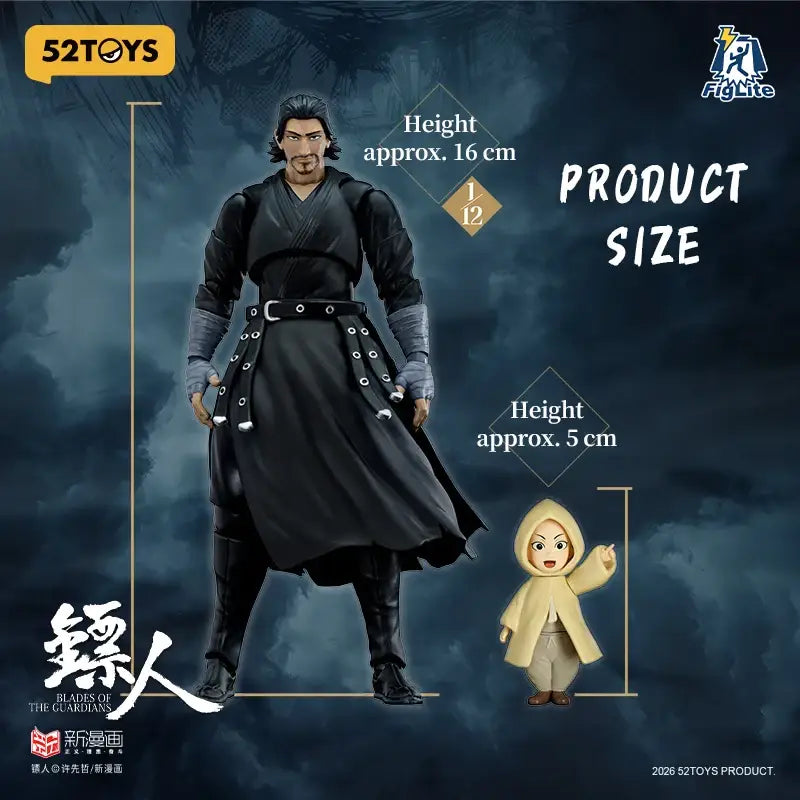 Black 1/12 scale guardians daoma action figure by 52toys featuring detailed dark robes and armor in 6 inch size