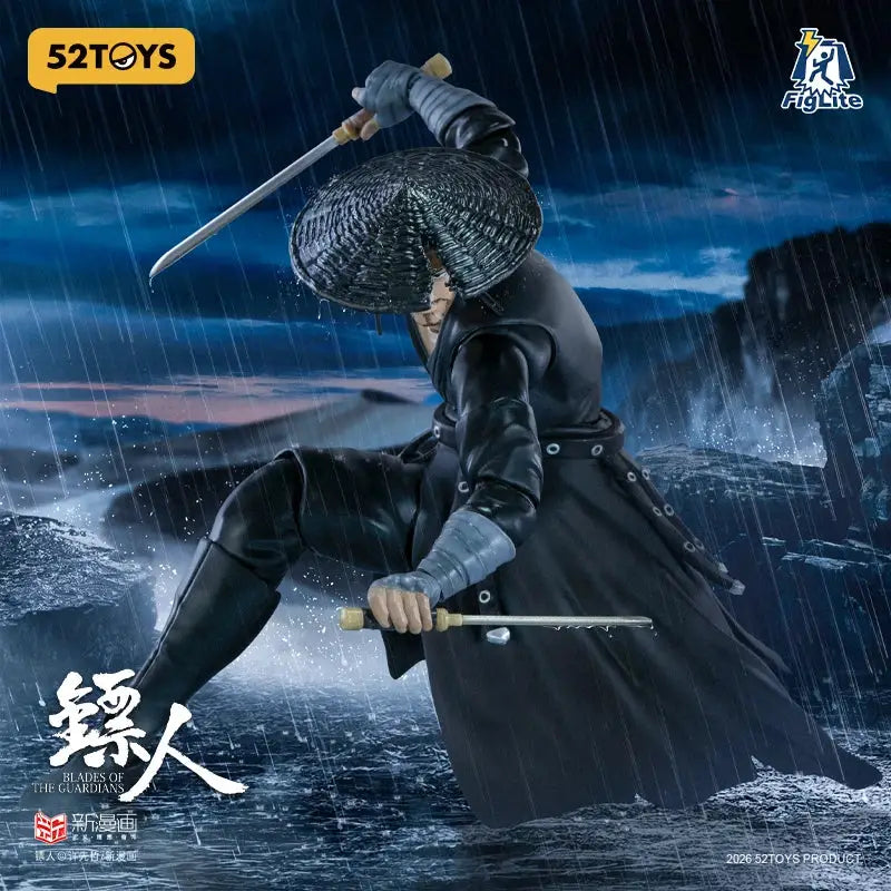 Black intricately detailed guardians daoma action figure wearing wide-brimmed hat and long coat wielding two swords