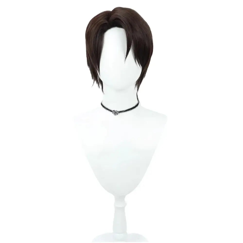 Dark brown short synthetic wig with sleek layered cut on mannequin for bleach aizen sousuke cosplay set