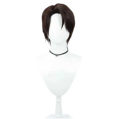 Dark brown short synthetic wig with sleek layered cut on mannequin for bleach aizen sousuke cosplay set