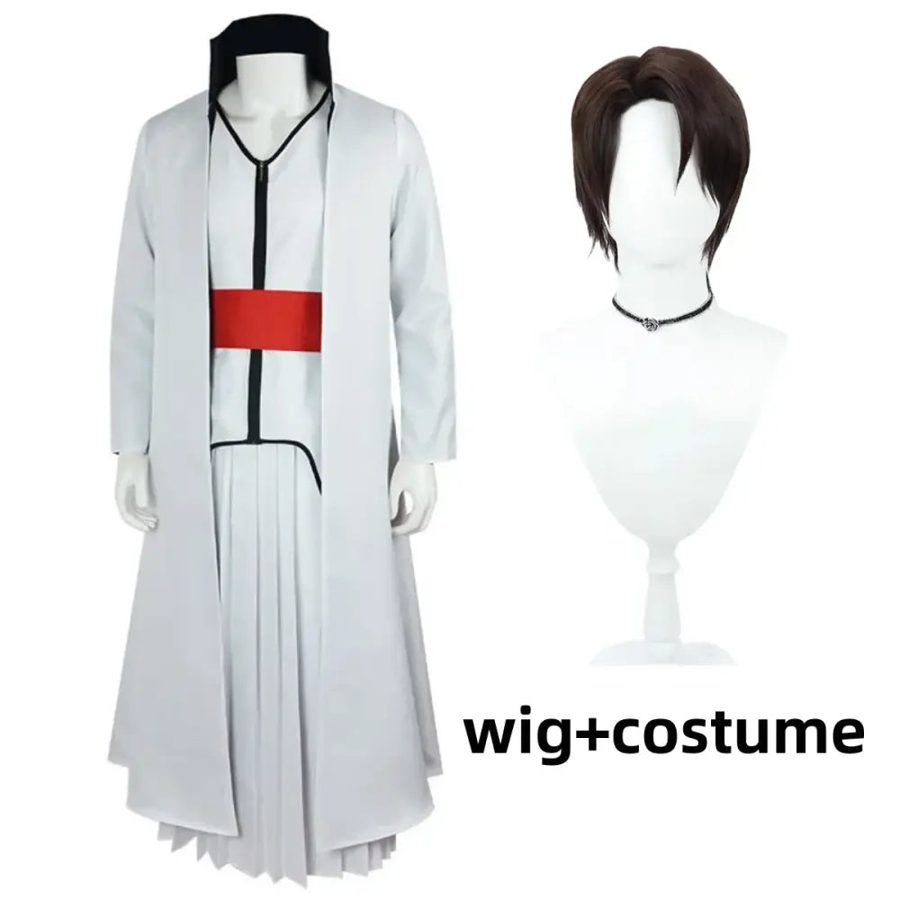 Bleach aizen sousuke cosplay costume with white outfit black trim red belt and brown short wig sousuke cosplay set