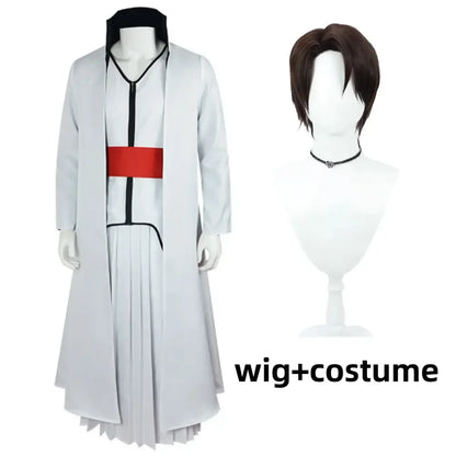 Bleach aizen sousuke cosplay costume with white outfit black trim red belt and brown short wig sousuke cosplay set