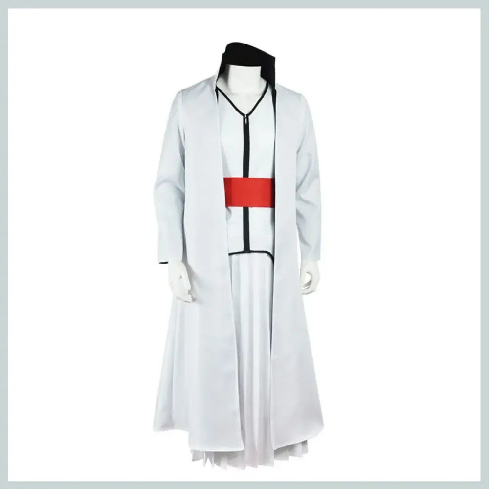 White long coat cosplay outfit with black trim and bold red belt for aizen sousuke cosplay set in bleach captain style