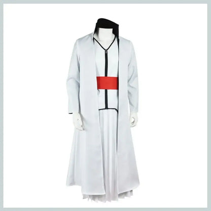 White long coat cosplay outfit with black trim and bold red belt for aizen sousuke cosplay set in bleach captain style