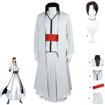 White long coat aizen sousuke cosplay with black trim red belt pleated skirt and matching accessories sousuke cosplay set