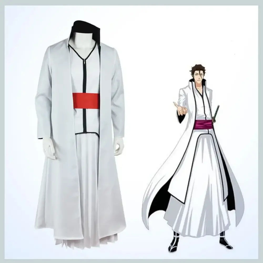White long coat with black trim and red belt official bleach aizen sousuke cosplay set for sousuke cosplay fans