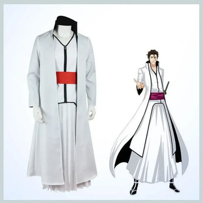White long coat with black trim and red belt official bleach aizen sousuke cosplay set for sousuke cosplay fans