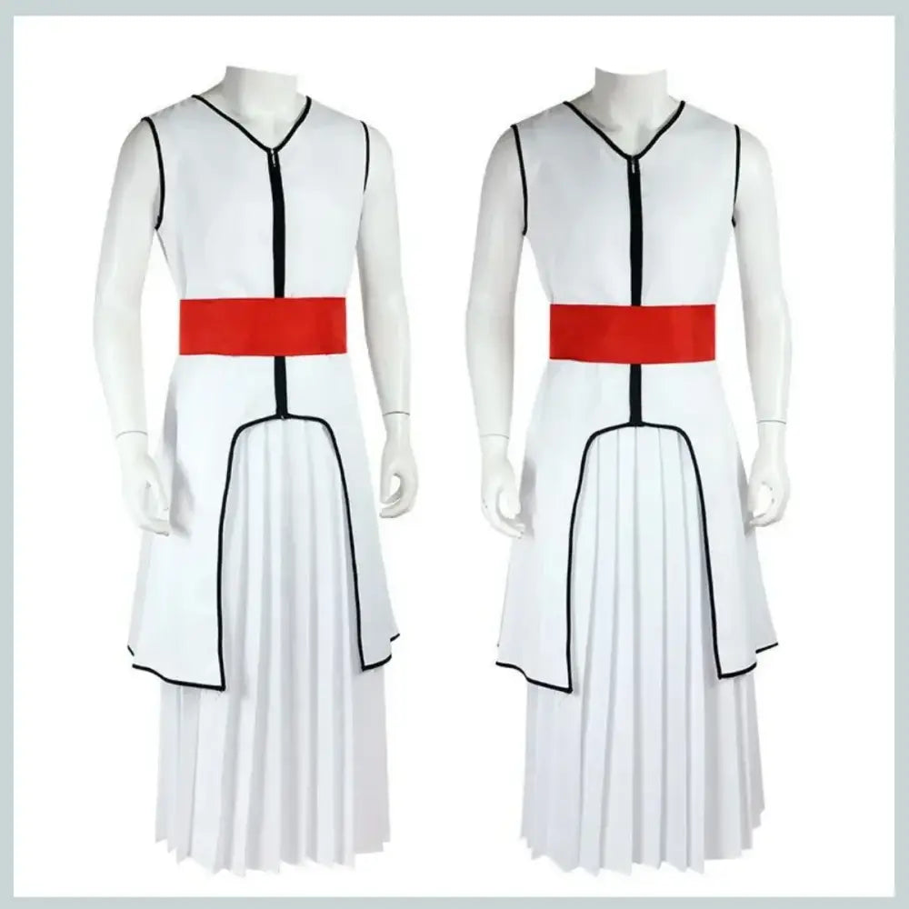 White sleeveless dress with black trim and bold red belt pleated skirt v neckline for aizen sousuke cosplay set