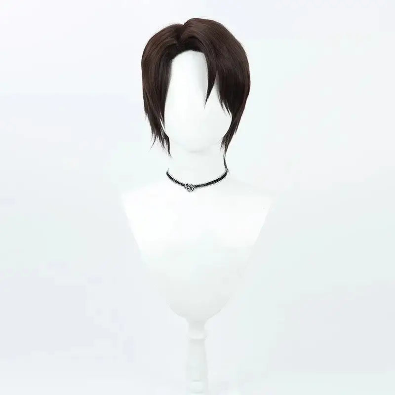 Dark brown short layered cosplay wig with tousled styling on mannequin for bleach aizen sousuke cosplay set