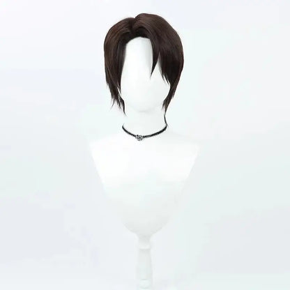 Dark brown short layered cosplay wig with tousled styling on mannequin for bleach aizen sousuke cosplay set