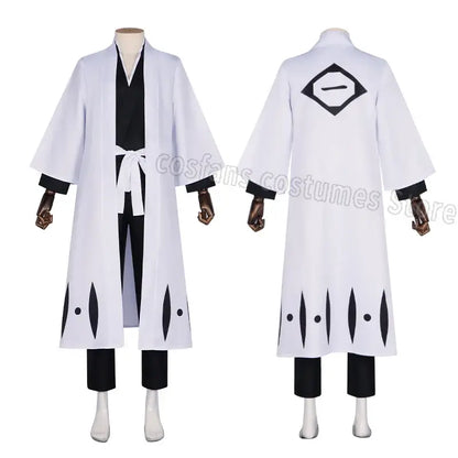 Back view of white aizen sousuke captain robe with black accents and diamond emblem on hem vertical slits costume set