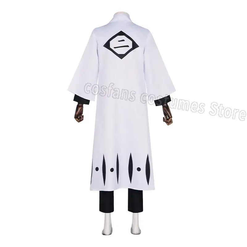 Back view of a white captain robe with black trim and diamond emblem featuring stylized eyes for aizen sousuke costume set