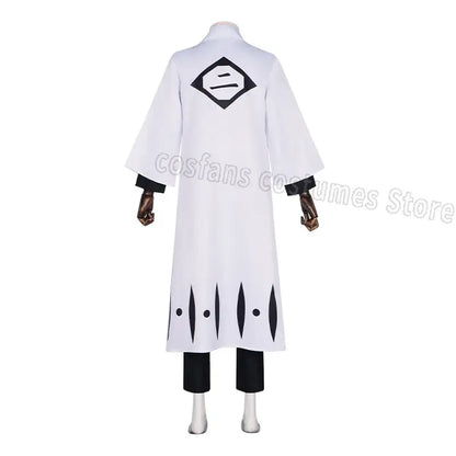 Back view of a white captain robe with black trim and diamond emblem featuring stylized eyes for aizen sousuke costume set