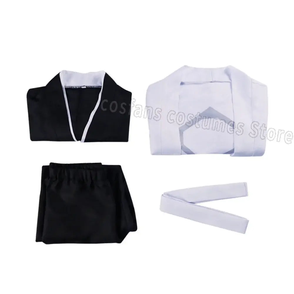 Black and white aizen sousuke cosplay costume set featuring a traditional captain robe kimono with contrasting trim and sash