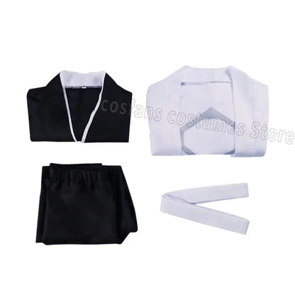 Black and white aizen sousuke cosplay costume set featuring a traditional captain robe kimono with contrasting trim and sash