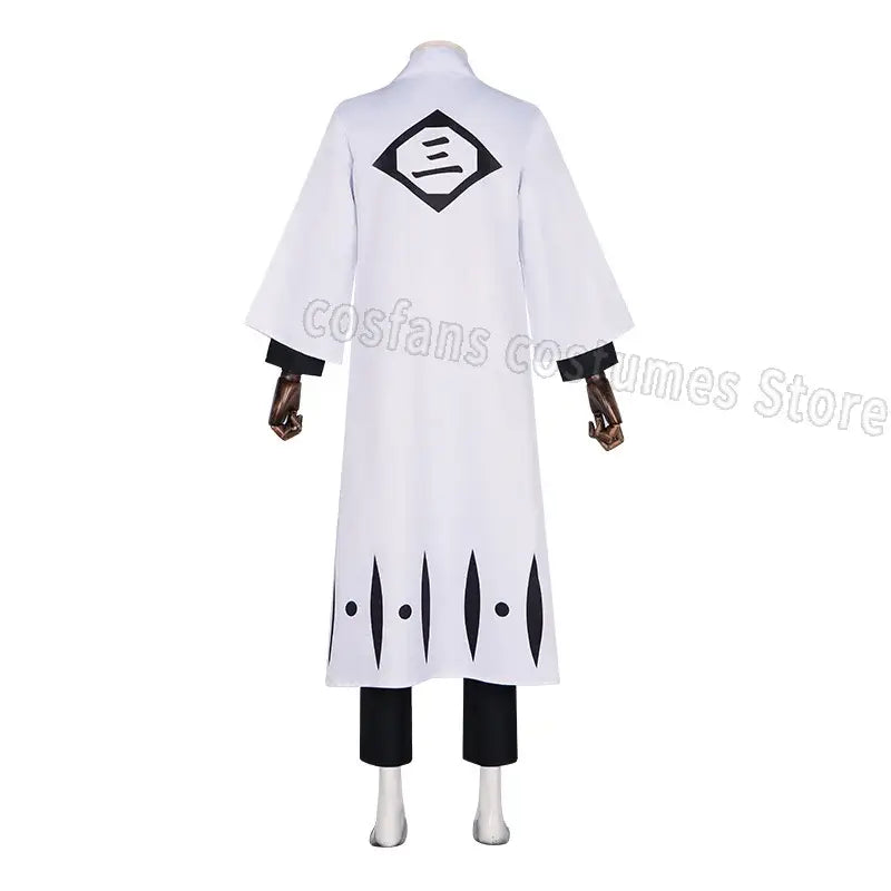Back view of aizen sousuke white long coat captain robe with black trim and stylized 三 emblem for costume set