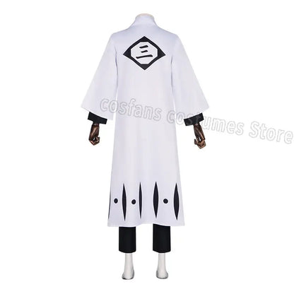 Back view of aizen sousuke white long coat captain robe with black trim and stylized 三 emblem for costume set