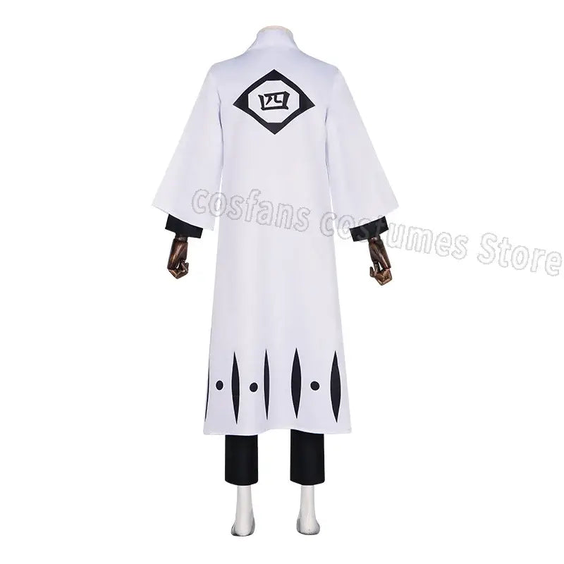 Back view of a white long captain robe with black trim and diamond emblem featuring stylized characters for aizen sousuke costume set