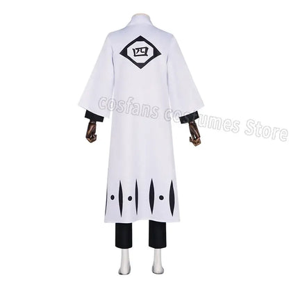 Back view of a white long captain robe with black trim and diamond emblem featuring stylized characters for aizen sousuke costume set