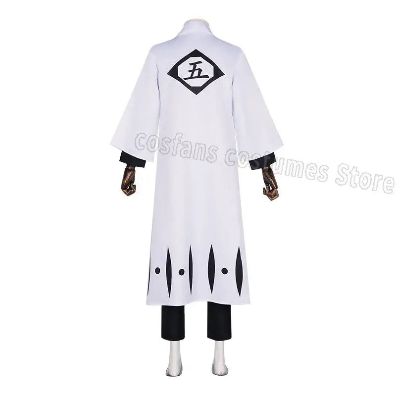 Back view of white cotton aizen sousuke captain robe cosplay coat with black trim and five emblem costume set