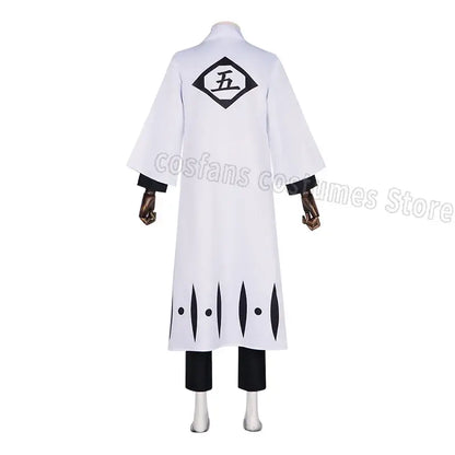 Back view of white cotton aizen sousuke captain robe cosplay coat with black trim and five emblem costume set