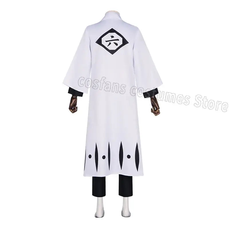 Back view of white long-sleeved aizen sousuke captain robe cosplay coat with black geometric patterns and matching pants