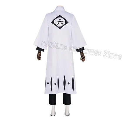 Back view of white long-sleeved aizen sousuke captain robe cosplay coat with black geometric patterns and matching pants