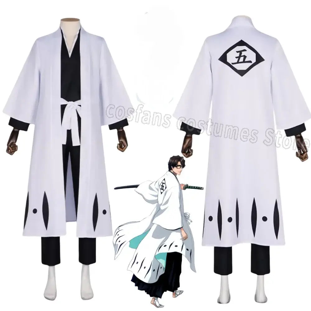 Back of white aizen sousuke captain robe with black trim and diamond emblem costume set for cosplay use