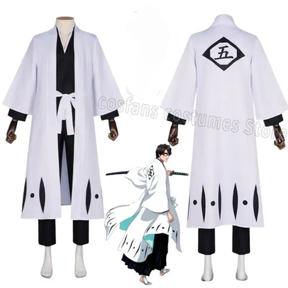 Back of white aizen sousuke captain robe with black trim and diamond emblem costume set for cosplay use