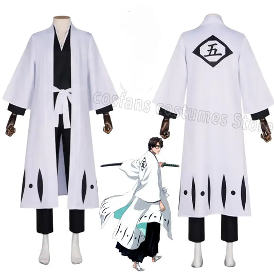 Back of white aizen sousuke captain robe with black trim and diamond emblem costume set for cosplay use
