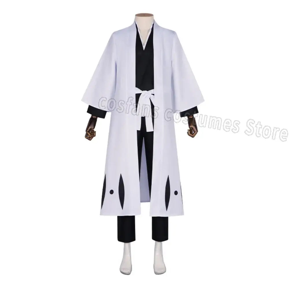 White and black aizen sousuke captain robe cosplay costume set with long flowing kimono and black leaf patterns on hem