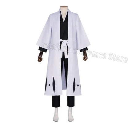 White and black aizen sousuke captain robe cosplay costume set with long flowing kimono and black leaf patterns on hem