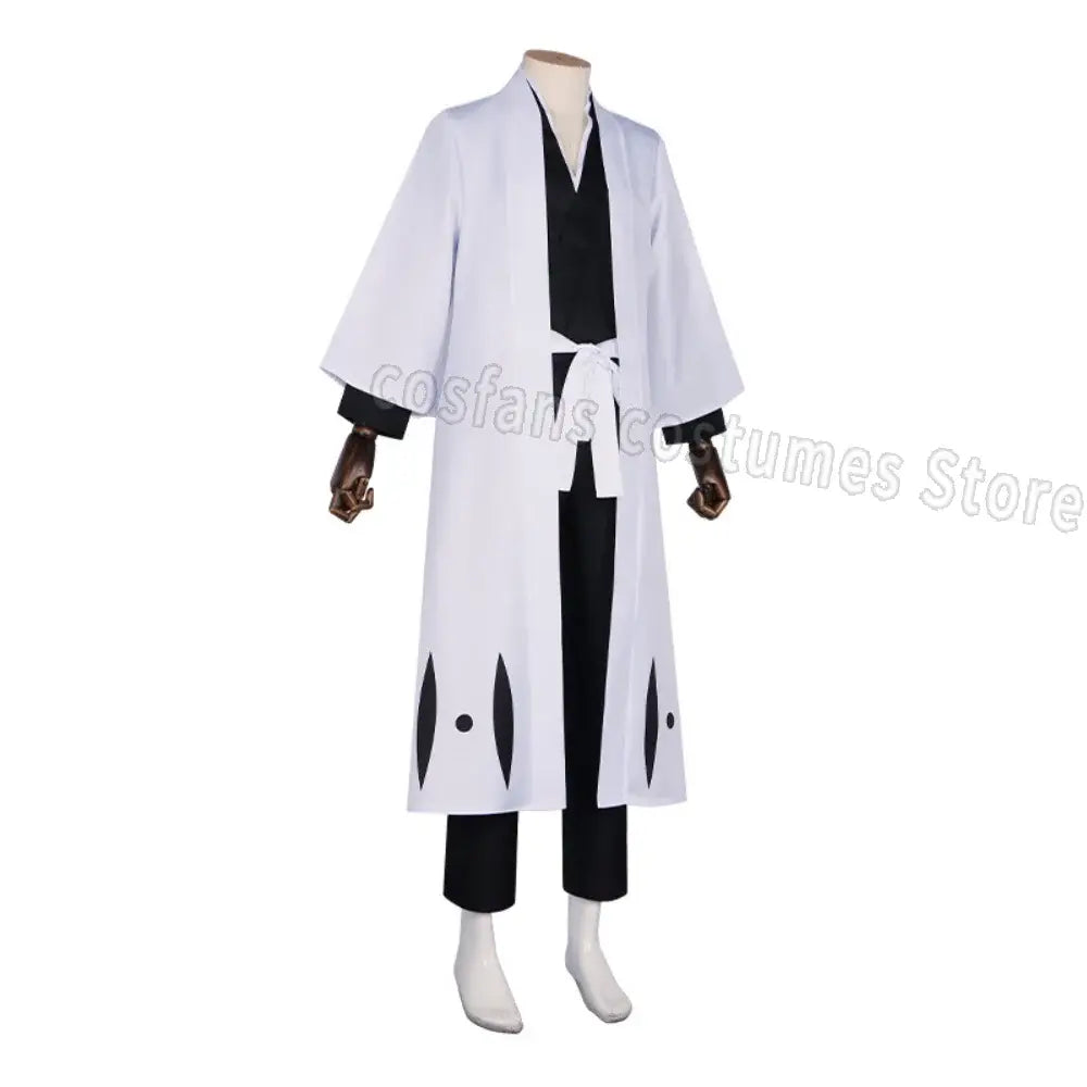 White and black aizen sousuke captain robe cosplay kimono with black markings wide sleeves and matching white sash costume set