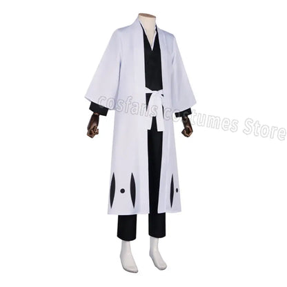 White and black aizen sousuke captain robe cosplay kimono with black markings wide sleeves and matching white sash costume set