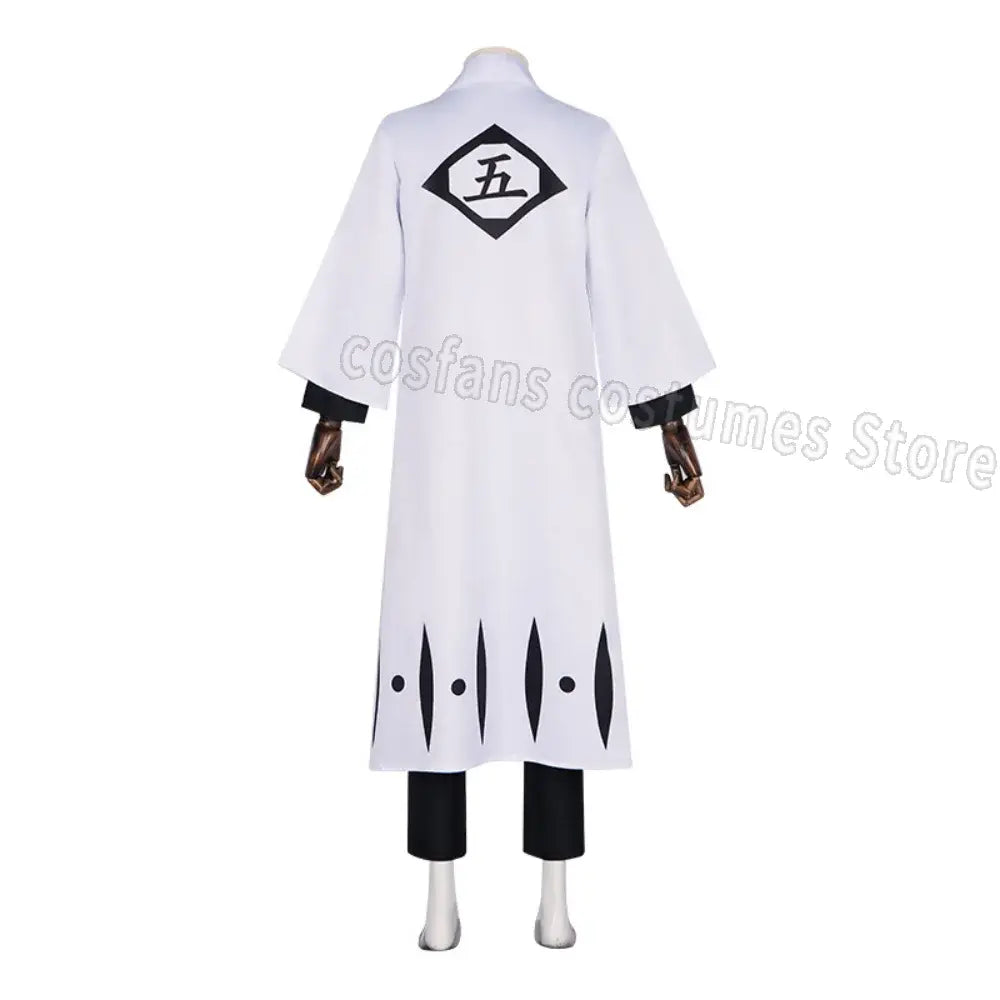 Back of white long captain robe with black diamond emblem and trim for aizen sousuke costume set cosplay